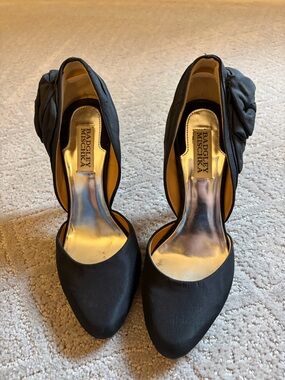 Badgley Mischka Black Satin D'Orsay Pumps with Rosette Accent